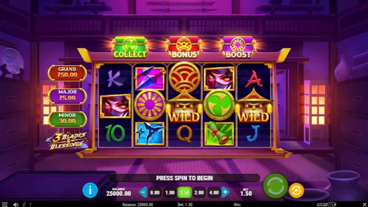 Tampilan antarmuka mobile slot 3 Blades & Blessings dengan tema ninja.