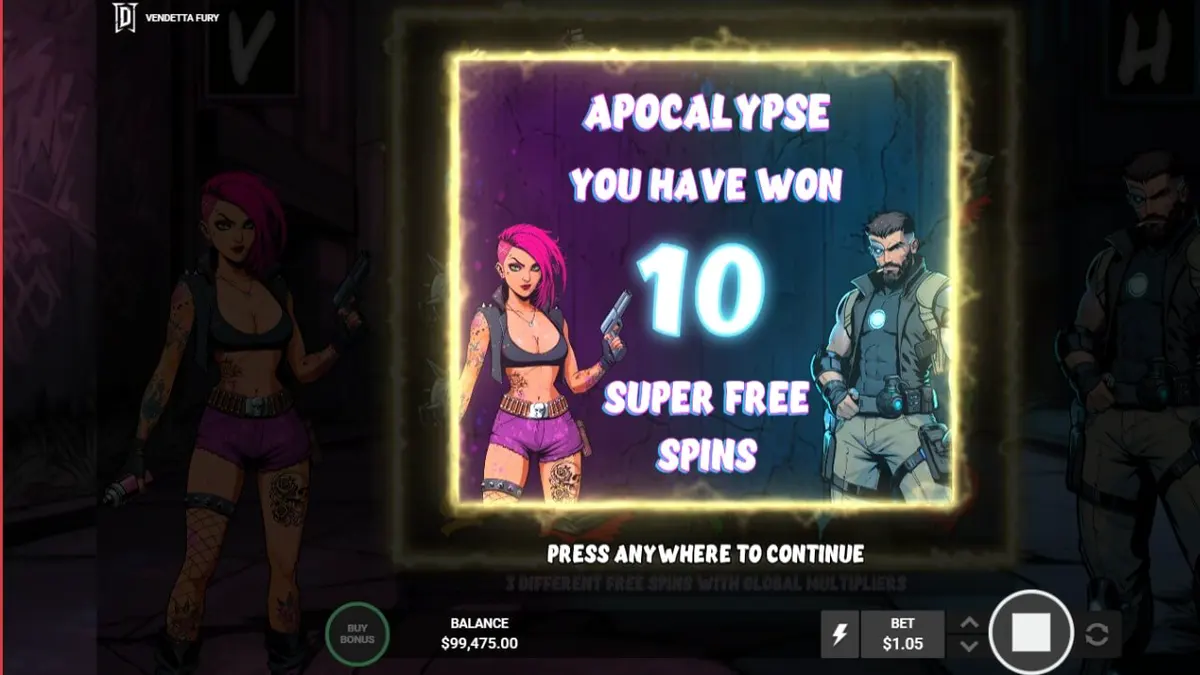 Tampilan antarmuka slot Vendetta Fury pada perangkat seluler dengan tema cyberpunk neon.