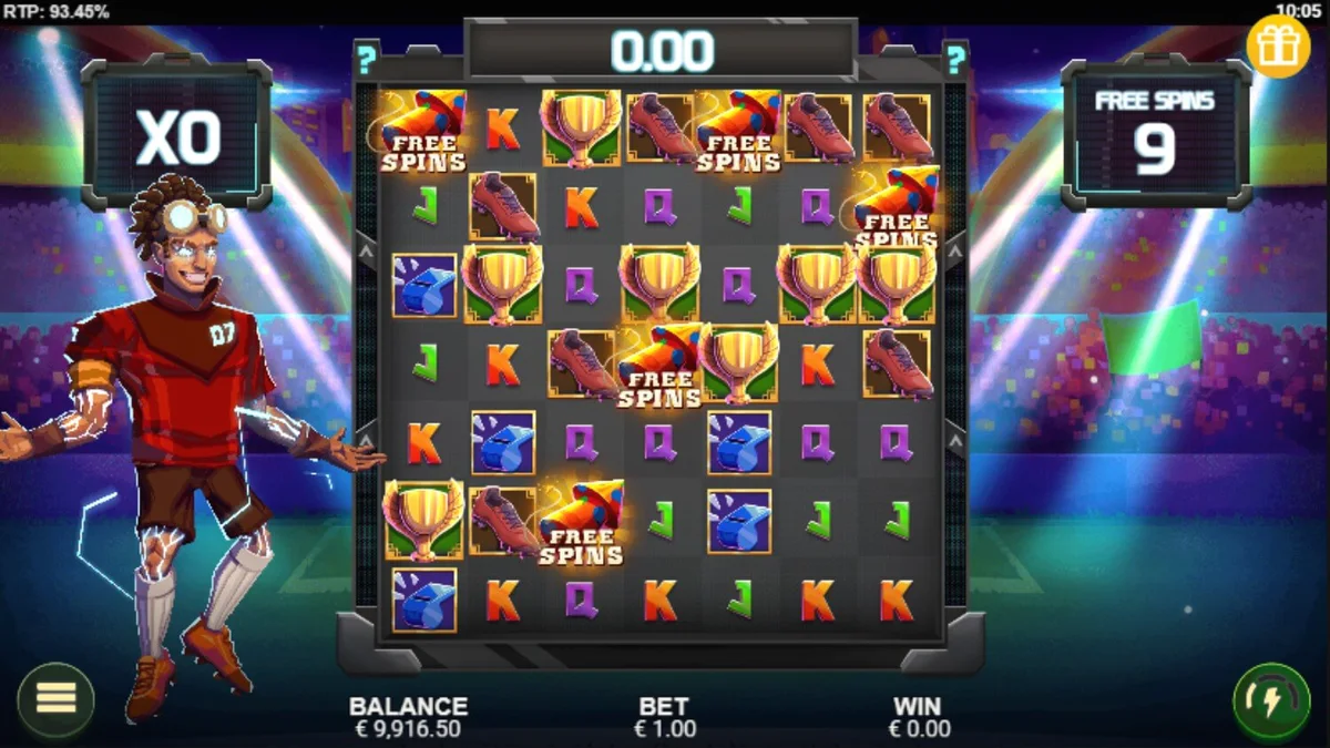 Tampilan visual slot Cluster Cup dengan tema stadion sepak bola dan grid 7x7